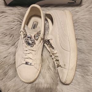 Puma Women's Suede Platform Sneakers with Crystal Accents in Off-White